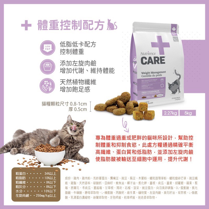【A-331】紐崔斯 Nutrience🏥 CARE+ 無穀處方貓糧 貓飼料 貓處方飼料 體重控制配方 5KG (紅利621400點)