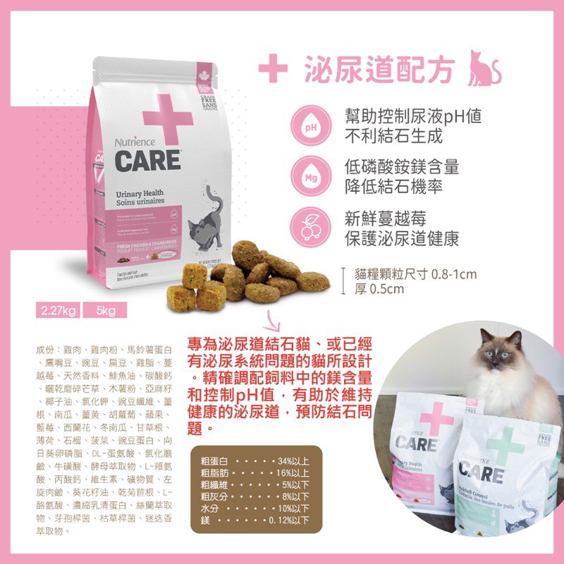 【A-332】紐崔斯 Nutrience🏥 CARE+ 無穀處方貓糧 貓飼料 貓處方飼料 泌尿道配方 2.27KG (紅利348400點)